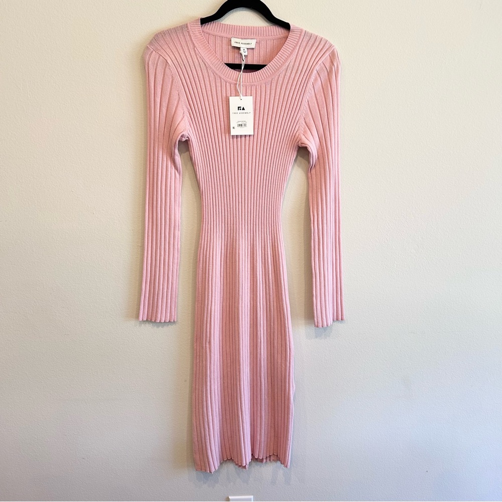 Brand New Free Assembly Pink Long Sleeve Ribbed Midi Dress Size Medium